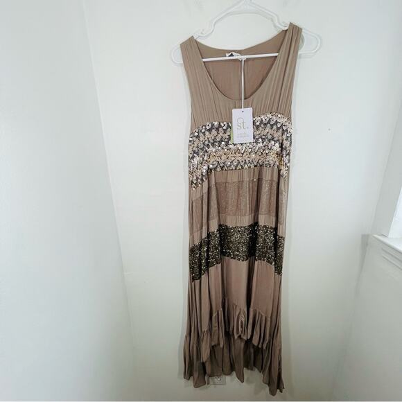 NWT Sarah Tempest Tan Sequin & Ruffle High Low Midi Dress Medium Lagenlook - Picture 1 of 14